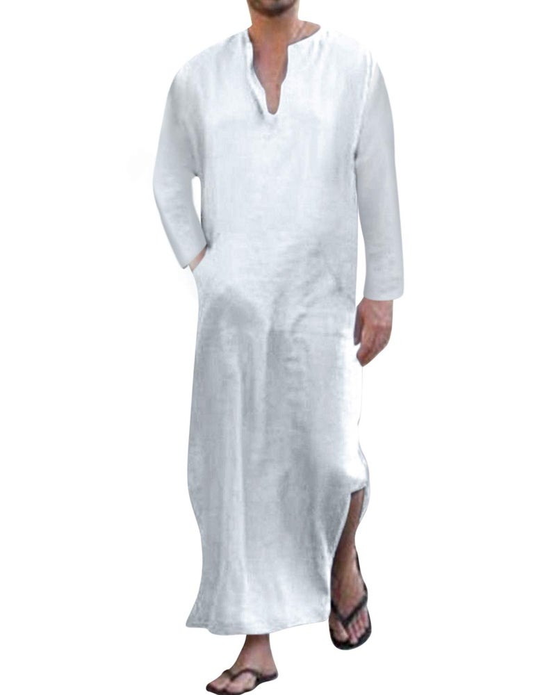 Jacansi Men's Cotton Long Sleeve V neck Solid Side Slit Middle East Long Thobe White #1 2XL - Image 1